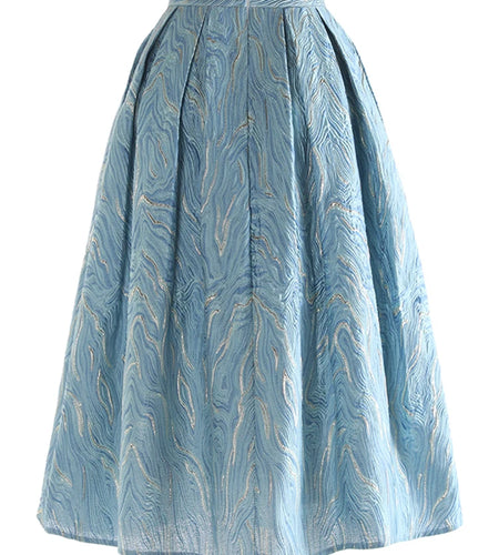 High Elastic Waist Blue Jacquard Textured Pleated A-line Half-body Skirt Women Fashion Tide New Spring Autumn 2025 1DJ1141