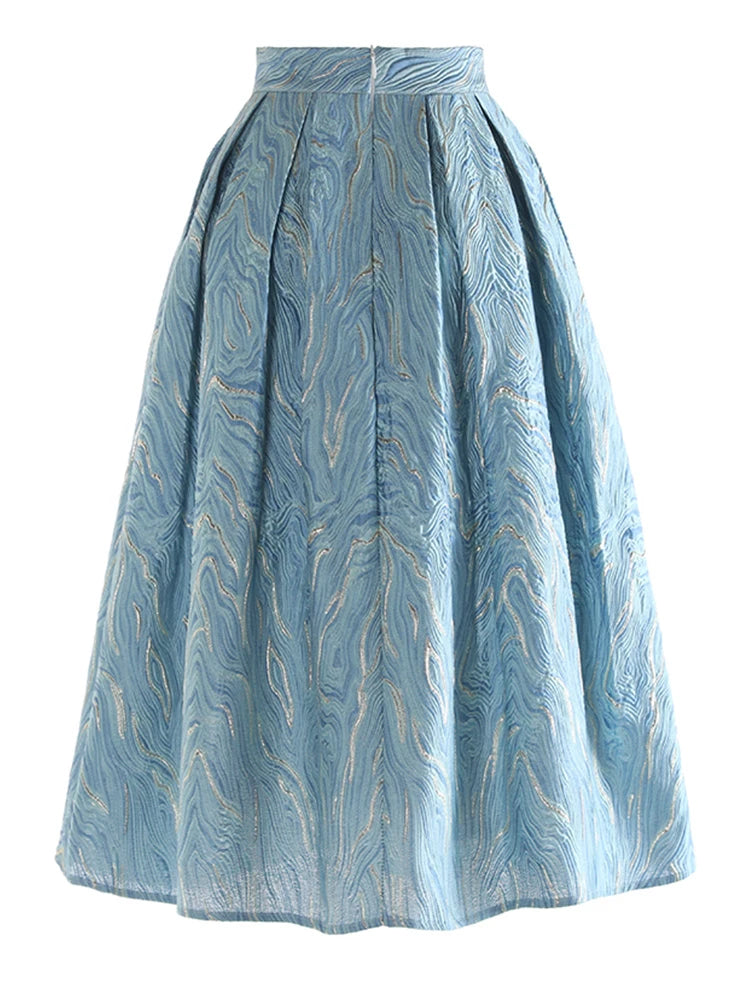 High Elastic Waist Blue Jacquard Textured Pleated A-line Half-body Skirt Women Fashion Tide New Spring Autumn 2025 1DJ1141