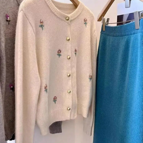 Load image into Gallery viewer, Vintage 2024 New Beige Flower Embroidery Elegant Versatile Knitted Sweater Women Autumn Winter Grey Long Sleeve Cardigan Tops
