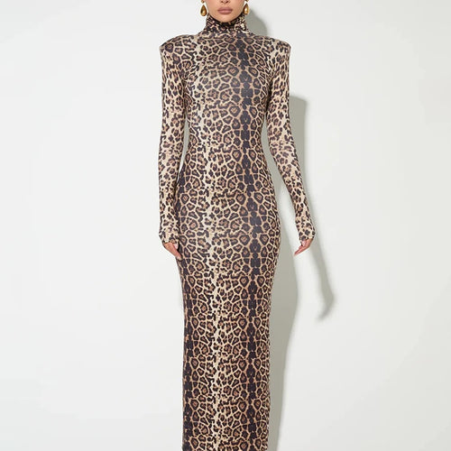 Load image into Gallery viewer, Leopard Print Long Sleeve Sexy Maxi Dress For Women Autumn Winter Fashion Elegant Turtleneck Printed Bodycon Long Dress
