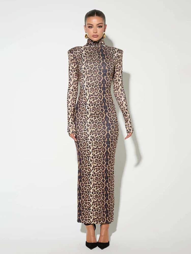 Leopard Print Long Sleeve Sexy Maxi Dress For Women Autumn Winter Fashion Elegant Turtleneck Printed Bodycon Long Dress