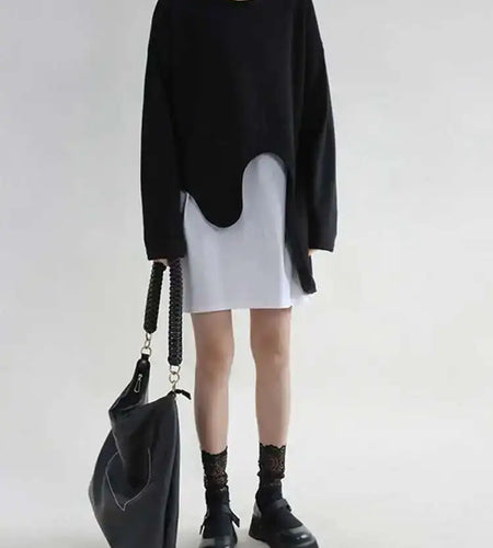 Loose Fit black irregular Sweatshirt New Round Neck Long Sleeve Women Big Size Fashion Tide Spring Autumn 2025 1DF0420