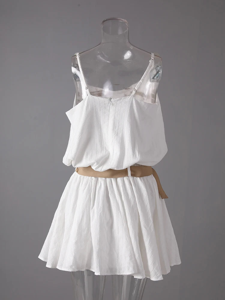 Women White Belted Elegant Spaghetti Strap Mini Dress New Round Neck Sleeveless Fashion Tide Spring Summer 2025 CPG3145