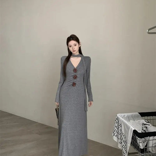 Load image into Gallery viewer, Autumn Winter 2024 New Retro Black Grey V-neck Flower Decoration Elegant Party Dress For Women Khaki Long Sleeve Pleated Dresses
