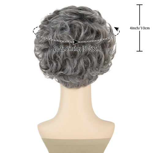 Load image into Gallery viewer, Synthetic Hair Short Gray Curly Wigs for White Women Sliver Grey Pixie Cut Wig with Bangs Wavy Fluffy Old Lady Costume
