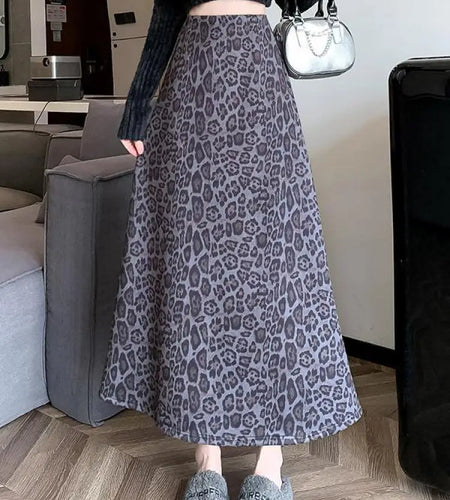 Autumn Winter Women Leopard Print Velvet Thick Elegant High Waist Long Skirt Vintage French Fashion Party Skirts Streetwear Boho