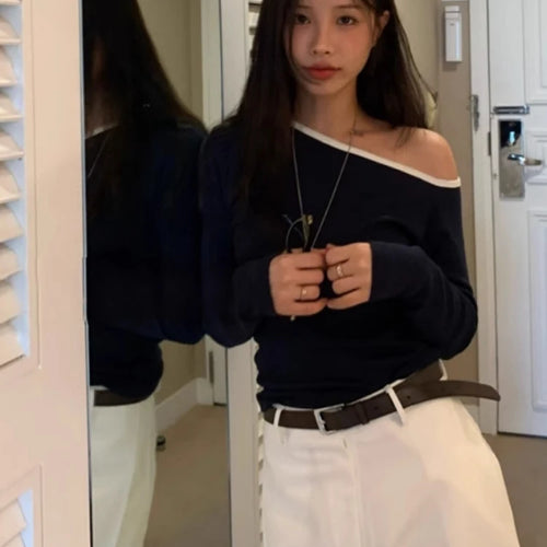 Load image into Gallery viewer, Spring Streetwear Slash Neck Off Shoulder Sexy T-shirts Harajuku Patchwork Vintage Bodycon Tops Women Y2k Aesthetic Grunge Tees
