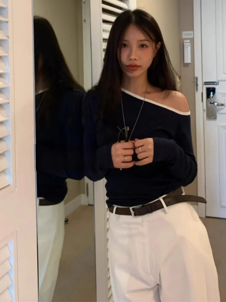 Spring Streetwear Slash Neck Off Shoulder Sexy T-shirts Harajuku Patchwork Vintage Bodycon Tops Women Y2k Aesthetic Grunge Tees