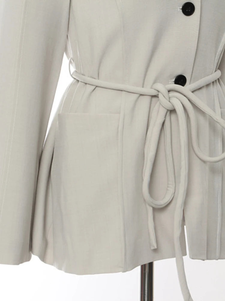 Women Gray Belted Pocket Elegant Big Size Blazer New V-neck Long Sleeve Jacket Fashion Tide Spring Autumn 2025 1DH7640