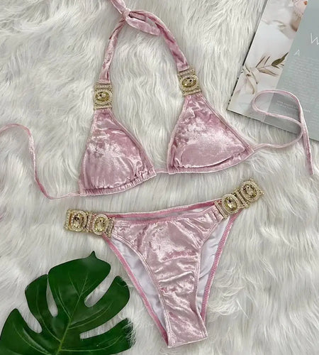 Female Velvet Fabric Swimsuit 2024 Luxury Rhinestone Bikini Women Swimwear Push Up Bikini Set Bathing Suit Beachwear