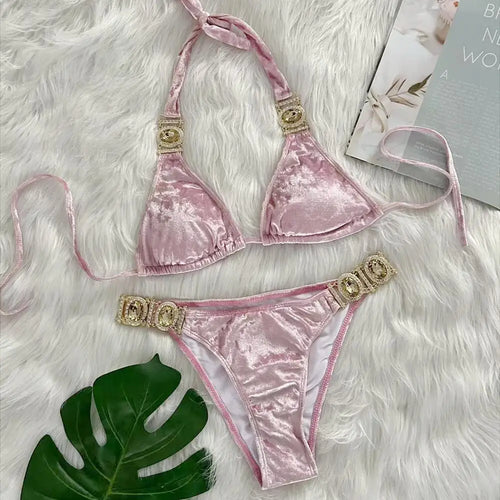 Load image into Gallery viewer, Female Velvet Fabric Swimsuit 2024 Luxury Rhinestone Bikini Women Swimwear Push Up Bikini Set Bathing Suit Beachwear
