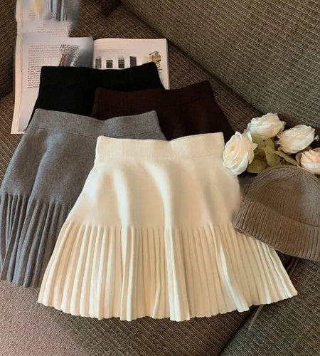 Pleated Skirt Women's Winter High-waisted A-line Skirt Knitted Skirt Preppy Style Women Clothing