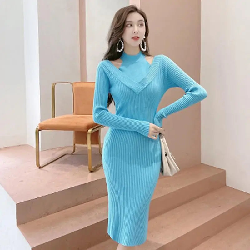 French Women Solid Elegant Festival Hollow Out Knit Dress Autumn Long Sleeve Slim Ladies Fashion Wrap Hip Dresses Clothing Trend