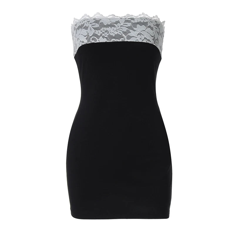 Lace Strapless Sexy Mini Dress For Women Robe Patchwork Off-shoulder Sleeveless Backless High Waist Bodycon Club Dress