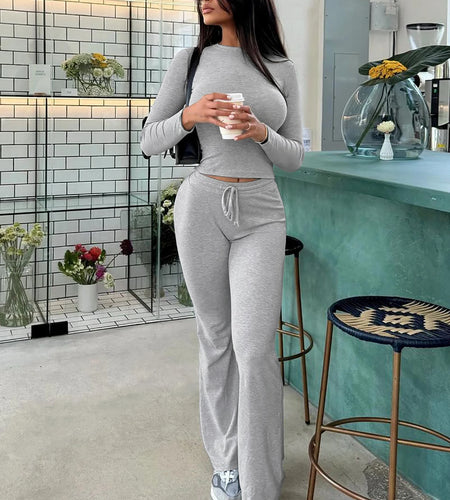 Women Casual 2 Pcs Sets Solid Long Sleeve Slim Crop T-Shirt Bandage Flare Pants Fall Y2K Outfits Streetwear Work Out