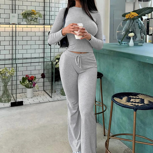 Load image into Gallery viewer, Women Casual 2 Pcs Sets Solid Long Sleeve Slim Crop T-Shirt Bandage Flare Pants Fall Y2K Outfits Streetwear Work Out
