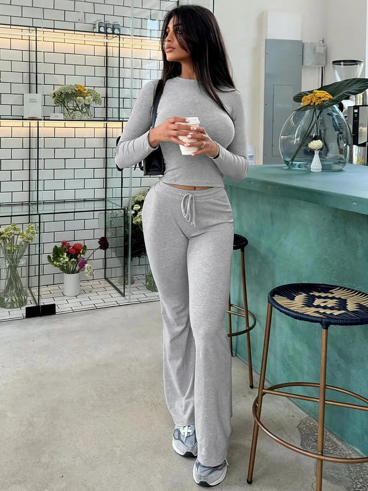 Women Casual 2 Pcs Sets Solid Long Sleeve Slim Crop T-Shirt Bandage Flare Pants Fall Y2K Outfits Streetwear Work Out