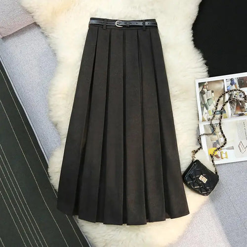 Load image into Gallery viewer, Korean Black Woolen Skirt Women Elegant Brown Autumn Winter High Waist A-line Office Fashion Gray Zippered Pleated Long Skirts
