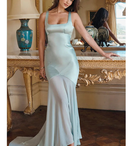 Elegant Women Spring High Chiffon Splicing Dress Slim Backband Wrapped Hip Forged Face Dress Elegant Floor Evening Dress