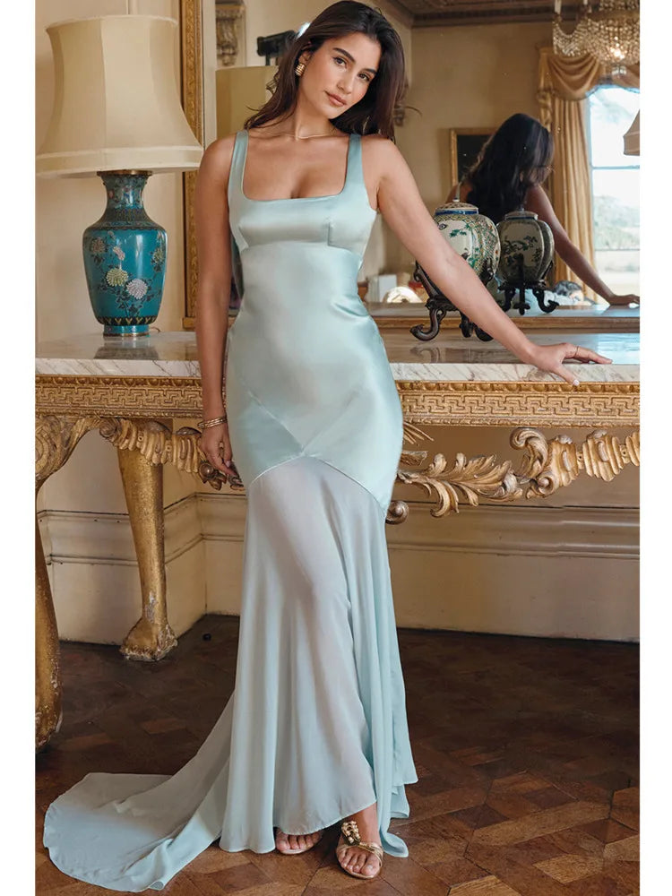 Elegant Women Spring High Chiffon Splicing Dress Slim Backband Wrapped Hip Forged Face Dress Elegant Floor Evening Dress