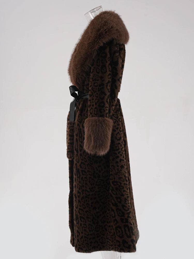 Brown Leoppard Print Big Size Long Faux Fur Jacket New Lapel Long Sleeve Women Coat Fashion Autumn Winter 2025 CPG2454