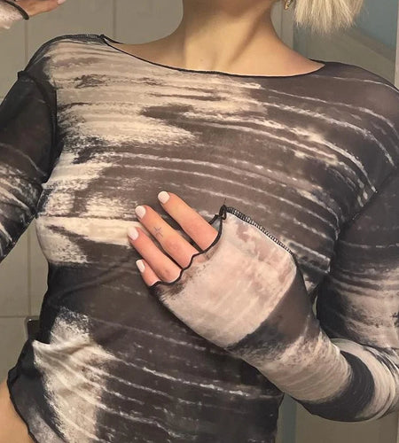 Harajuku Stitch Graphic Printing Mesh Top Streetwear Goth Women T shirts See Through Summer Cropped Tees Outfits Y2K