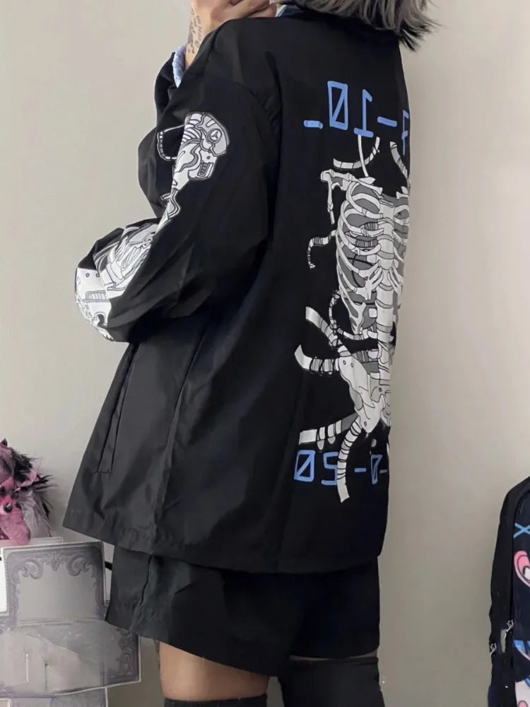 Japanese Kawaii Fashion Jacket Women Y2k Aesthetic Zipper Coat Loose Simple Coats Casual Harajuku Cartoon Skull Print Jackets