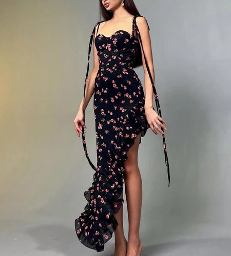 Floral Print Slips Backless Lace Up Irregular Ruffles Sexy Slim Elegant Maxi Dress Summer Women Outfits Birthday Party