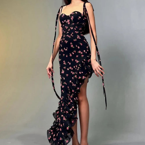 Load image into Gallery viewer, Floral Print Slips Backless Lace Up Irregular Ruffles Sexy Slim Elegant Maxi Dress Summer Women Outfits Birthday Party
