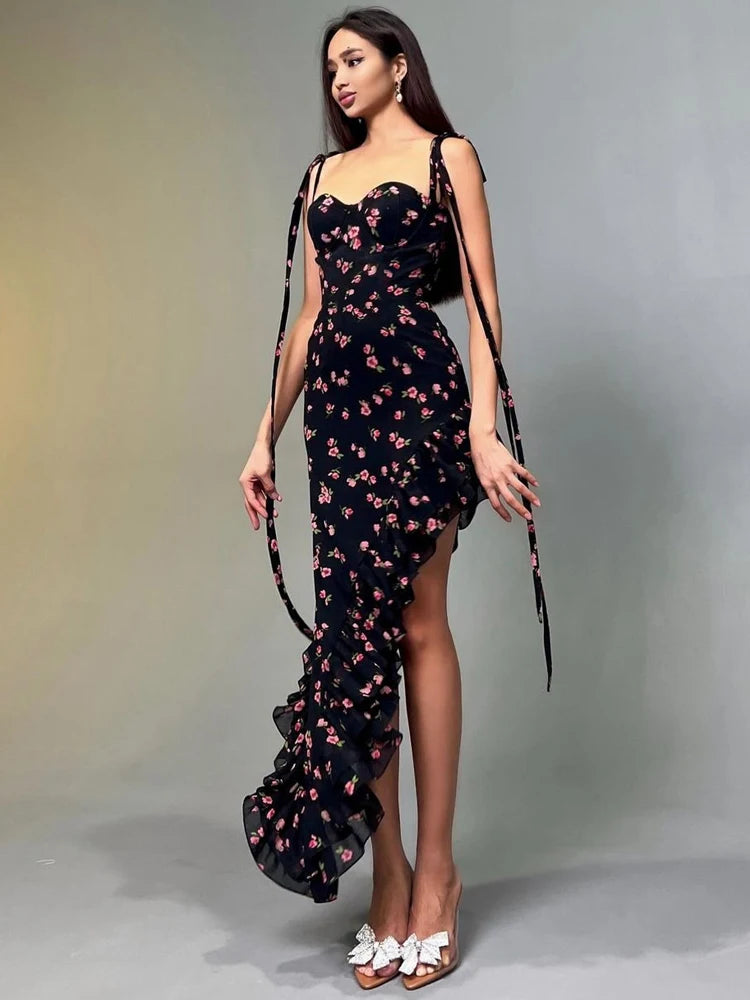 Floral Print Slips Backless Lace Up Irregular Ruffles Sexy Slim Elegant Maxi Dress Summer Women Outfits Birthday Party
