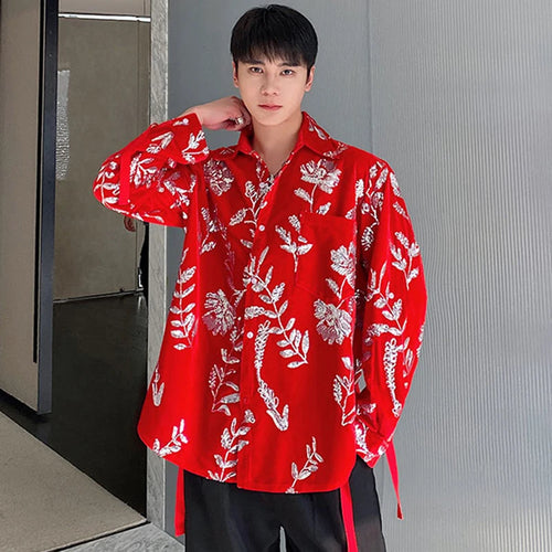 Load image into Gallery viewer, Personality Velvet Male Shirts Lace-up Sequin Embroidery Turn-down Collar Contrast Color Men&#39;s Long Sleeve Tops Tide 9C4984
