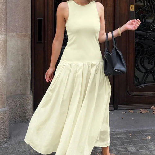 Load image into Gallery viewer, Patchwork Sleeveless Maxi Dress For Women Autumn New Casual Solid O Neck Loose A-line Long Tank Dress Elegant Fashion
