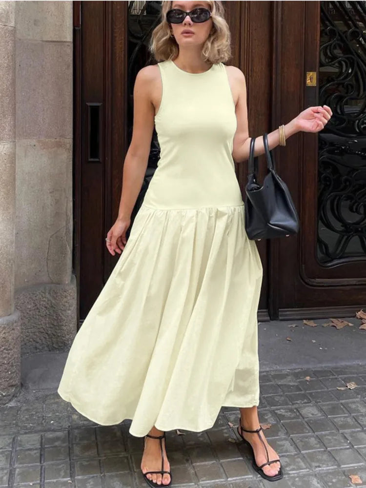 Patchwork Sleeveless Maxi Dress For Women Autumn New Casual Solid O Neck Loose A-line Long Tank Dress Elegant Fashion