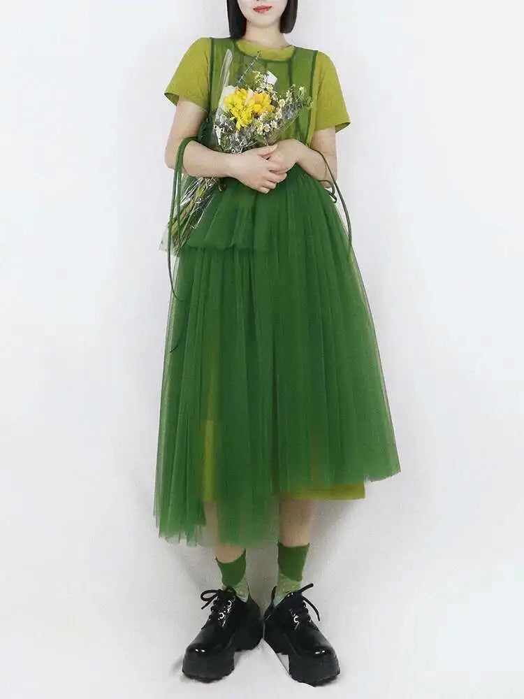 Women Green Mesh Irregular Elegant Dress New Round Neck Sleeveless Loose Fit Fashion Tide Spring Summer 2025 1DF9867