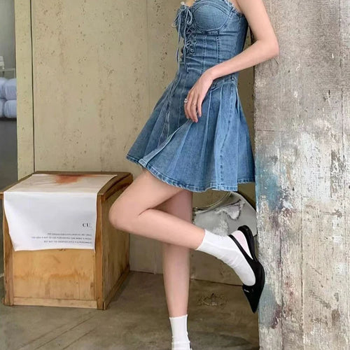 Load image into Gallery viewer, American Style Sexy Strapless Denim Dresses Vintage Blue Slim Waist Lace-up Zipper Summer Female Dress Chic High Street
