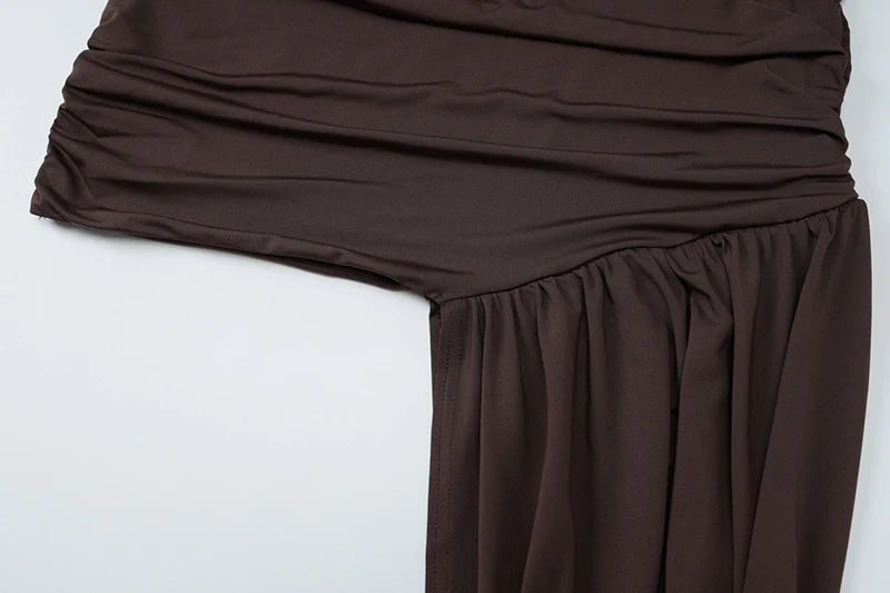 Irregular Draped Ruched Sexy Mini Dress For Women Elegant Turtleneck Sleeveless High Waist Pleated Club Party Dress