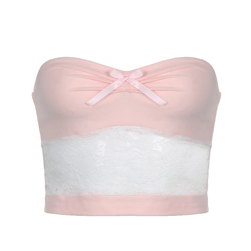 Cutecore Sweet Pink Summer Tube Top Bow Fold Lace Spliced Strapless Korean Crop Top Women Mini Coquette Clothes Tanks