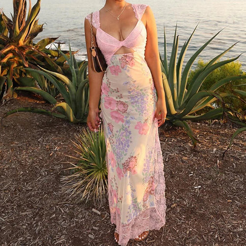 Load image into Gallery viewer, Pink Floral Printing Lace Patchowrk Dress Women Summer Holiay Chest Hollow Out With Side Fork Wrap Sundress Vintage
