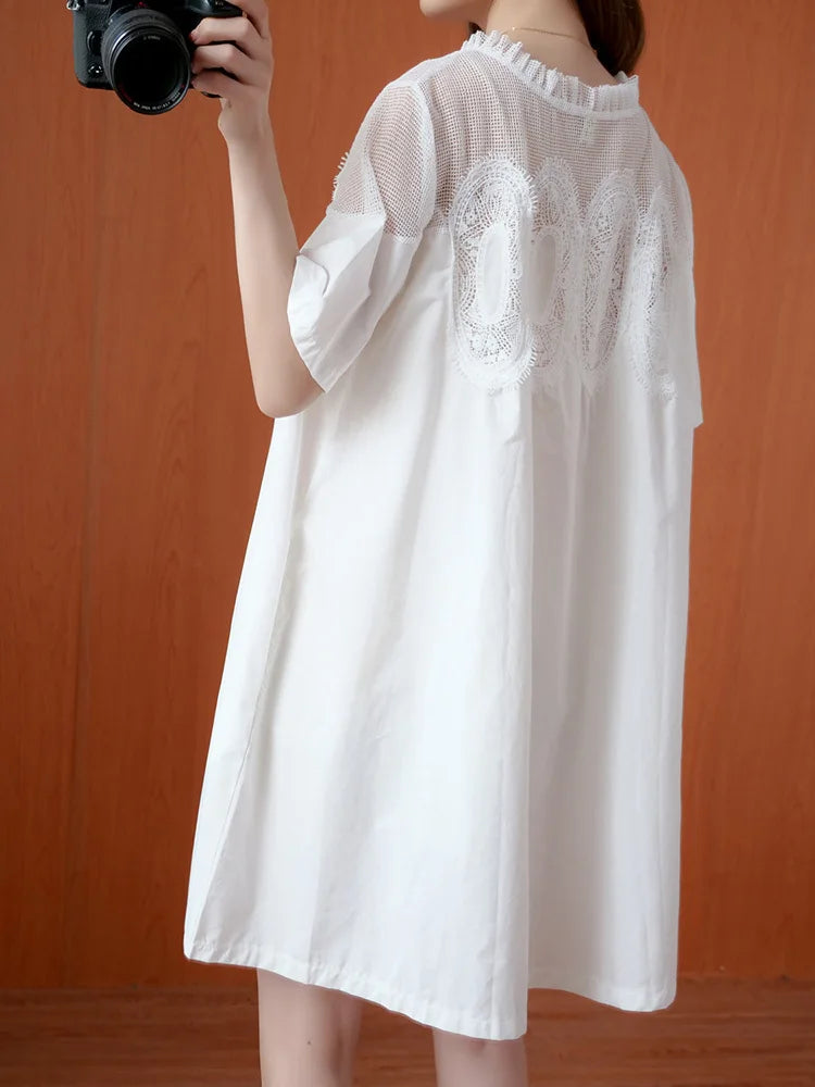 Women Black Lace Meh Perspective Big Size Mini Dress New Round Neck Short Sleeve Fashion Tide Spring Summer 2025 1DJ0336