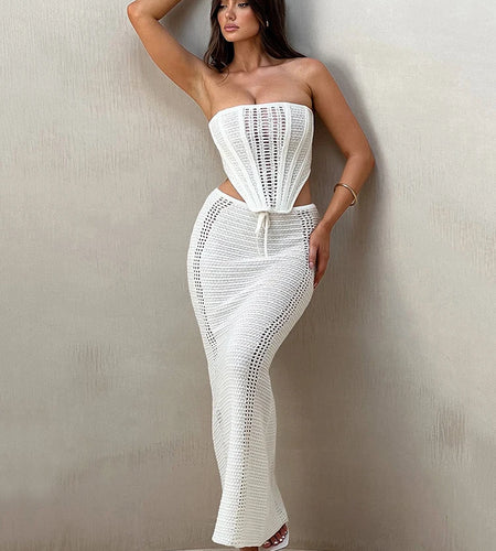 Elegant Knit Skirt Two Piece Sets Women Strapless Bandage Crop Tops And Maxi Skirt Femme Lace Up Sexy Ttwo Piece Sets