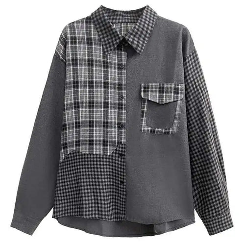 Load image into Gallery viewer, Women Color-block Black Plaid Big Size Blouse New Lapel Long Sleeve Loose Shirt Fashion Tide Spring Autumn 2025 1DH3220
