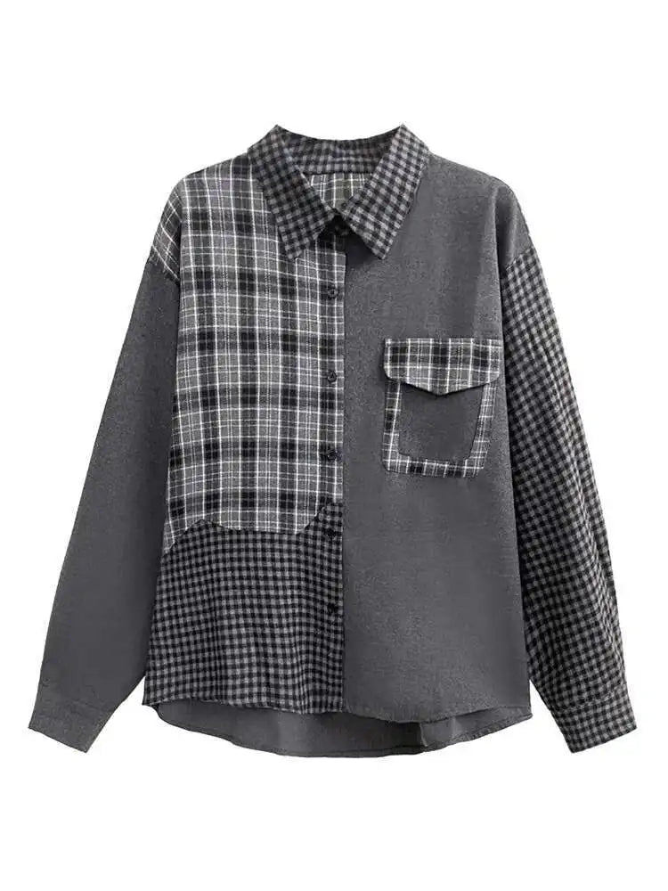 Women Color-block Black Plaid Big Size Blouse New Lapel Long Sleeve Loose Shirt Fashion Tide Spring Autumn 2025 1DH3220