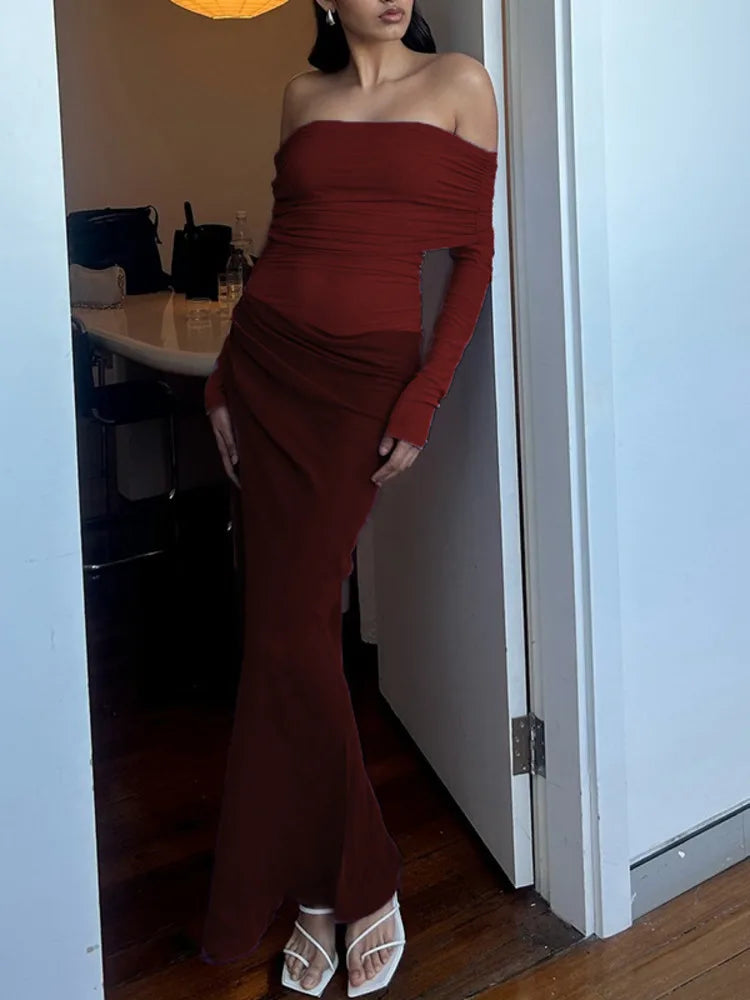 Elegant Mesh Patchwork Satin Long Sleeve Bodycon Party Club Evening Dress Women 2025 Summer Sexy One Shoulder Vestido