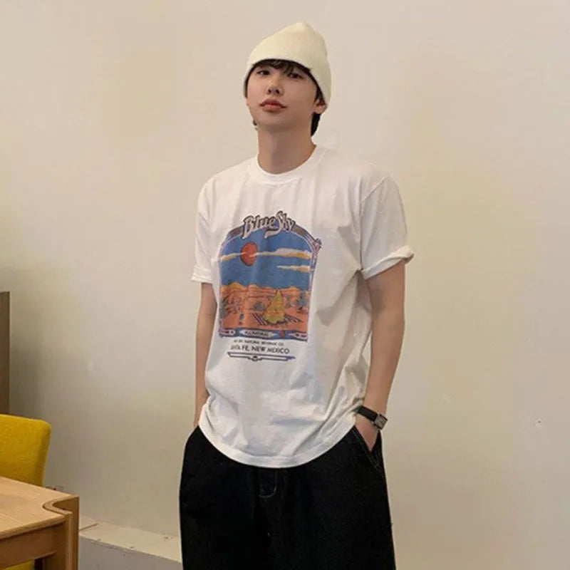 Men's T-shirts Niche Cartoon Printed Short Sleeved New Summer Loose Round Neck T-shirt Korean Pullover Style 9W1609