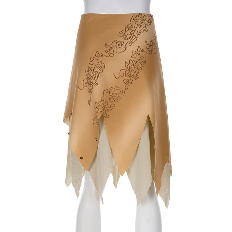 Fairycore Irregular Print Patchwork Midi Skirt Buttons Grunge Vintage Boho Female Skirt Aesthetic Chic Party Clothing