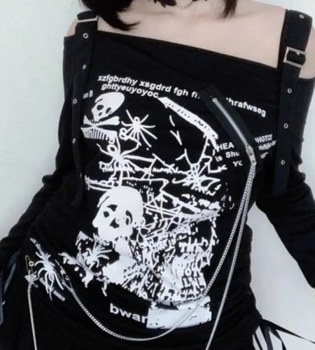 Japanese Gothic Woman T-shirt Streetwear Slash Neck Tees Fashion Casual Camisetas Y2k Tops Skull Punk Tunic Drawstring Tshirts