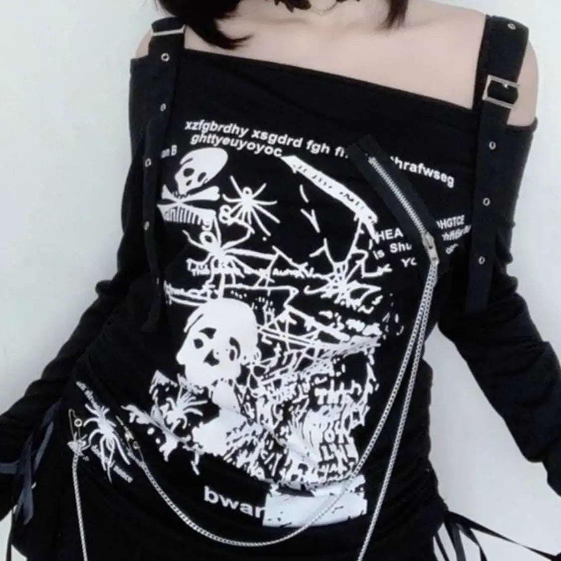Japanese Gothic Woman T-shirt Streetwear Slash Neck Tees Fashion Casual Camisetas Y2k Tops Skull Punk Tunic Drawstring Tshirts