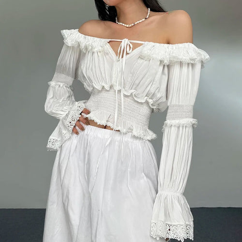 Load image into Gallery viewer, Y2K Aesthetics Ruffles Edge Slash Neck Blouses For Women Chic Lace Patchwork White Autumn Shirts French Ruffles Beach
