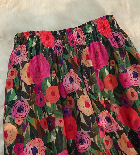 Casual Vintage Floral Print A-line Pleated Long Skirts Summer Women Skirt Elegant Holiday Clothes Elastic Waist Midi Skirt