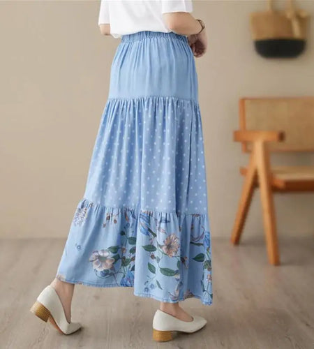 Casual Vintage Denim Skirt Floral Print A-line Pleated Long Skirts Summer Women Elegant Holiday Clothes Elastic Waist Midi Skirt